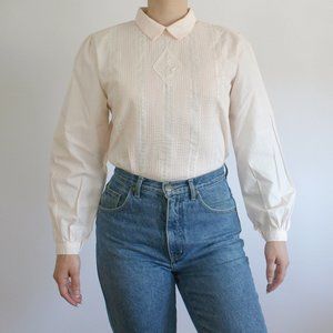 80s pink semi-sheer lace rose appliqué front blouse button up w/ puff sleeves